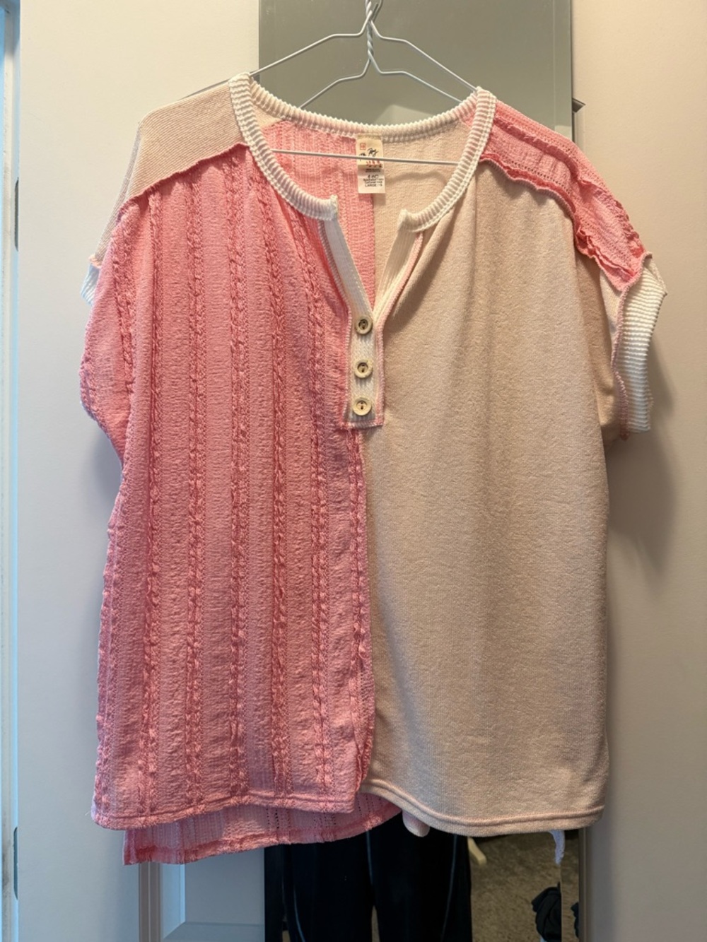 7th Ray Two-Tone Pink Mixed-Knit Henley Top